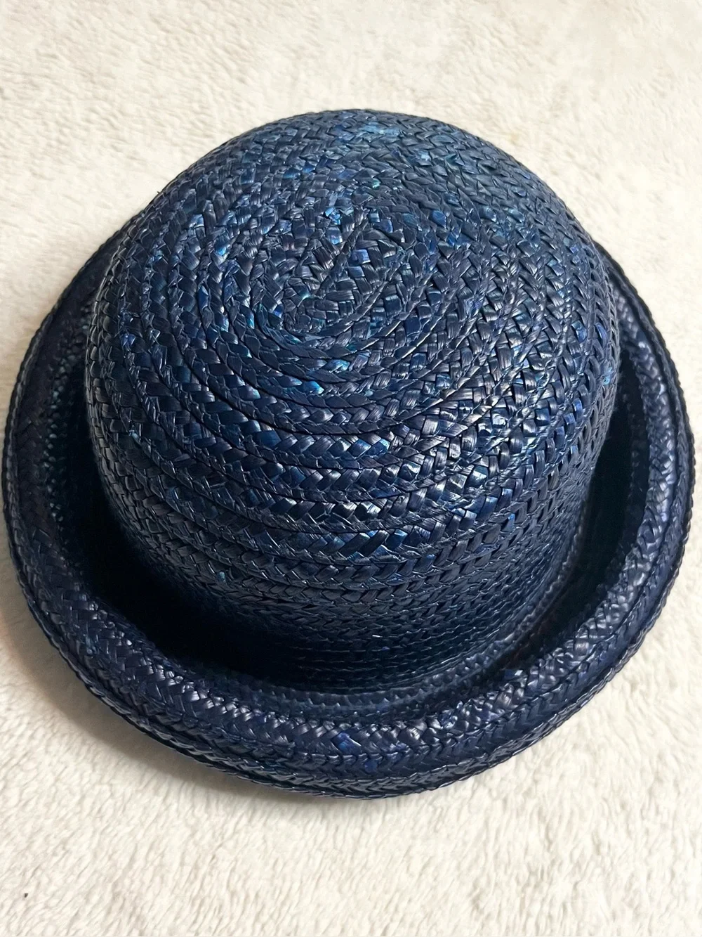Vintage Navy Blue Braided Straw Rolled Brim Bowler Hat